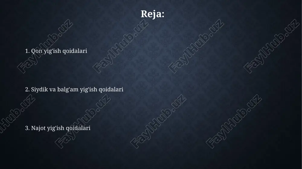 larni tayyorlash bemor ertalab, och qoringa, agar imkoni bo'lsa, tahlil topshirishdan 10-12 soat oldin ovqatlanmasligi kerak, ayniqsa qon tekshiruvi uchun. noaniq natijalarni oldini olish muhim. siydik namunalarini yig'ishdan oldin ayollar va erkaklar tualetdan foydalanishi va gigienik protseduralarni bajarishi kerak, natijalarga ta'sir qilishi mumkin bo'lgan ifloslanishni minimallashtirish uchun. kerakli materiallar va jihozlar qon yig'ish uchun steril vakutainerlar (masalan, edta, sarum ajratuvchi naychalar) kerak, ularning hajmi bemorning yoshiga qarab 2 ml dan 10 ml gacha bo'lishi mumkin, va bir martalik ignalar ham shart. siydik namunalarini olish uchun steril idishlar kerak, ularning hajmi odatda 50 ml dan 100 ml gacha bo'ladi, shuningdek, 24 soatlik siydikni yig'ish uchun mo'ljallangan katta hajmli konteynerlar ham bo'lishi kerak. yig'ish texnikasi (qon) qon olishda 21-23 g o'lchamdagi ignalardan foydalanish maqsadga muvofiq, bu gemoliz xavfini kamaytiradi va to'g'ri namunani ta'minlaydi. venepunksiyani amalga oshirishdan oldin, bemorning terisini kamida 30 sekund davomida 70% izopropil spirti bilan tozalash muhim, antiseptik qoidalariga rioya …