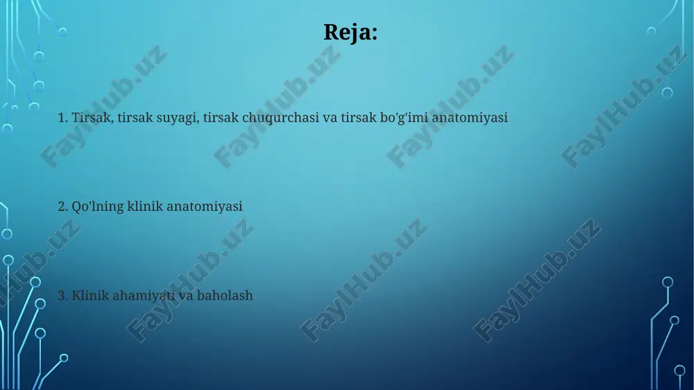 ir. tirsak bo'g'imidagi bo'g'im yuzalarining shakli barqarorlikni ta'minlaydi, ayniqsa, 0 gradusda cho'zilgan holatda va bukulganda, shuningdek, lateral va medial harakatlarni cheklaydi. boylamlar va kapsula boylamlar, xususan kollateral boylamlar, ulnar va radial harakat barqarorligini ta'minlaydi, medial tomonda esa ulnar kollateral kompleksi 3 qismga bo'linadi. kapsula, biriktiruvchi to'qima qatlami, humerus, ulna va radiusni o'rab oladi, bo'sh joy bilan to'ldirilgan bo'lib, 120-150 daraja harakatni ta'minlaydi. tirsak bo'g'imining harakatlari tirsak bo'g'imida fleksia va ekstenzia harakatlari sodir bo'ladi, bu harakatlar asosan brachialis va triceps brachii muskullari yordamida 0 dan 145 darajagacha amalga oshiriladi. pronatsiya va supinatsiya bilak suyaklari orqali ta'minlanadi; pronatsiya – kaftni ichkariga burish, supinatsiya – kaftni tashqariga burish, harakatlar 0 dan 90 darajagacha bo'lishi mumkin. tirsak atrofidagi mushaklar biceps brachii muskuli tirsak atrofida supinatsiya va fleksiyani amalga oshiradi; bu mushakning 70-80% kuchi tirsakni bukishga qaratilgan. triceps brachii muskuli, ayniqsa uning medial boshi, tirsakni ekstenziya qilishda asosiy rol o'ynaydi va taxminan 85% kuch bilan …