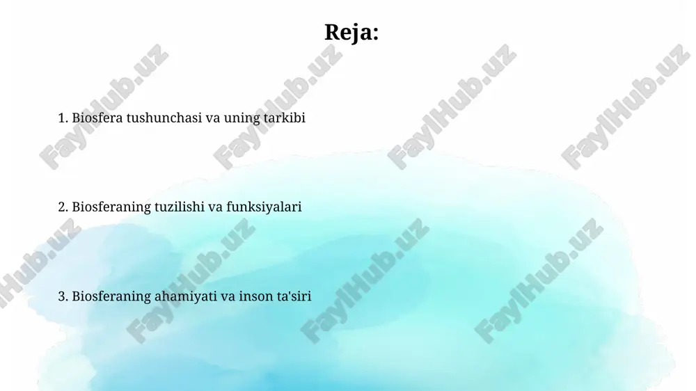 k darajalar bo'ylab kamayib boradi. biosferaga inson ta'siri o'rmonlarning kesilishi global miqyosda karbonat angidrid (co2) miqdorini oshiradi, bu esa 1.5 daraja selsiy bo'yicha haroratning ko'tarilishiga salbiy ta'sir ko'rsatadi. intensiv qishloq xo'jaligi amaliyotlari tuproq eroziyasini 25% ga oshiradi va suv havzalarini azotli o'g'itlar bilan ifloslantirib, ekotizimga zarar yetkazadi. biosferani muhofaza qilish biosfera muhofazasi 1970-yillardan boshlab unesconing 'inson va biosfera' dasturi orqali global muammolarni hal qilishga qaratilgan. bu, ayniqsa, biologik xilma-xillikni saqlash uchun juda muhimdir. o'zbekistonda biosfera muhofazasi tabiiy resurslardan oqilona foydalanish, ekotizimlarni tiklash va muhofaza qilish, shuningdek, atrof-muhit monitoringini olib borishni o'z ichiga oladi. e'tiboringiz uchun rahmat image2.png image3.jpg image4.jpg image5.jpg image6.jpg image7.jpg image8.jpg image9.jpg image1.png