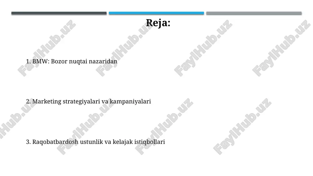 b turadi, ularning narxi esa 40,000 dollardan boshlanadi. narx: bmw premium brend sifatida o'z mahsulotlarini raqobatchilardan yuqori narxlarda sotadi, lekin bu narx sifati va imidjini aks ettiradi, 50,000 dollargacha bo'lishi mumkin. raqobatchilar tahlili raqobat tahlili bmw uchun mercedes-benz va audi kabi kompaniyalarni, ularning narxlash strategiyalari, 2023-yilgi sotuv ko'rsatkichlari va yangi texnologiyalarini baholashni o'z ichiga oladi. bmw raqobatchilar tahlilida lexus va porsche kabi brendlarning marketing kampaniyalari, ularning 360 darajali reklama strategiyalari hamda mijozlar bilan o'zaro ta'sir usullari o'rganiladi. marketing kampaniyalari va natijalari bmw'ning 'the ultimate driving machine' kampaniyasi 1970-yillarda boshlanib, brendning ishlashga e'tiborini kuchaytirdi. bu premium segmentdagi pozitsiyasini mustahkamlashga yordam berdi. 2001-yilda ishga tushirilgan bmw films seriyasi internetda qisqa metrajli filmlarni o'z ichiga olgan. bu brendning innovatsiyalarga sodiqligini ko'rsatdi va raqamli marketingda katta muvaffaqiyatga erishdi. kelajakdagi marketing istiqbollari bmw uchun kelajak marketingi, 2025 yildan boshlab, avtonom haydash funksiyalari va premium xizmatlarga urg'u bergan holda, ma'lumotlarga asoslangan shaxsiylashtirishni kuchaytiradi. kengaytirilgan reallik (ar) …