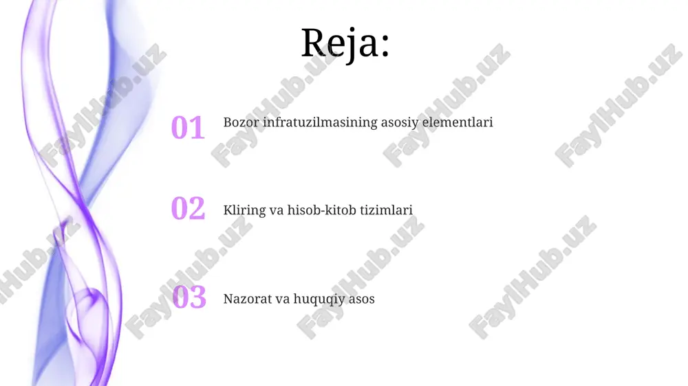 'ozlar egalari huquqlarini hisobga olish va saqlash tizimini yuritadi, bu esa bozorda shaffoflik va ishonchni oshirishga yordam beradi. savdo maydonchalari (birjalari) savdo maydonchalari, masalan, birjalar, qimmatli qog'ozlar, tovarlar va valyutalarni sotish uchun tashkil etilgan markazlashgan platformalardir. birjalarda shaffof narxlash mexanizmlari mavjud bo'lib, ular talab va taklif asosida narxlarni aniqlash va xaridorlar va sotuvchilar uchun teng imkoniyatlarni ta'minlaydi. axborot taʼminoti "axborot taʼminoti" bozorda ishtirokchilarni 24/7 rejimidagi maʼlumotlar bilan taʼminlaydi, bu esa narxlar, savdo hajmlari va boshqa muhim ko'rsatkichlar monitoringini osonlashtiradi. axborot taʼminoti tizimlarida real vaqtda yangilanadigan 10 dan ortiq turli xil moliyaviy hisobotlar va analitik materiallar mavjud bo'lib, qaror qabul qilishni tezlashtiradi. regulyator va nazorat organlari nazorat organlari, xususan, monopoliyaga qarshi qo'mita, raqobatni buzuvchi harakatlarni aniqlaydi va ularga qarshi kurashadi, bozorda sog'lom raqobat muhitini yaratishga intiladi. regulyatorlar, masalan, markaziy bank, moliyaviy barqarorlikni ta'minlash, inflatsiya darajasini 5 foizdan past ushlab turish va litsenziyalash orqali bank faoliyatini tartibga soladi. qonunchilik bazasi "qonunchilik bazasi" …