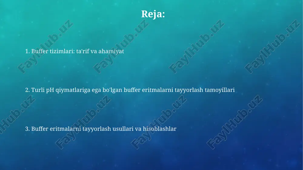 bo'lgan asetat bufferi asetat kislotasi va natriy asetatdan tayyorlanadi. bufferning quvvati, uning kislota yoki asos qo'shilganda ph o'zgarishiga qarshilik ko'rsatish qobiliyatidir. optimal bufferlash uchun, kislota va uning tuzining konsentratsiyalari 1:1 ga yaqin bo'lishi kerak. turli ph qiymatlari uchun bufferlarni tanlash optimal buffer capacity ph ni pka qiymatiga yaqin (±1) boʻlgan bufferlarni tanlash orqali ta’minlanadi, bu gidroksid va gidroniy ionlariga nisbatan barqarorlikni oshiradi. talab qilinadigan ph ga erishish uchun, tegishli kislota-asos juftini (masalan, sirka kislotasi/asetat uchun 4.76 ph atrofida) pka qiymati maqsadli ph ga yaqin boʻlganlarni tanlash muhim. buffer eritma tayyorlash usullari bir usul - ma'lum hajmdagi zaif kislota va uning konjugatlangan asosining tuzini aralashtirish, masalan, 0.1 m sirka kislotasi va 0.1 m natriy asetat aralashmasi bilan ph 4.76 atrofida bufer yaratadi. boshqa usul - zaif kislotaga kuchli ishqor qo'shish orqali eritmada bufer hosil qilish, bunda kislotaning bir qismi neytrallanadi va kislota/konjugatlangan asos juftligi hosil bo'ladi, bu buferlash xususiyatlarini beradi. buffer …