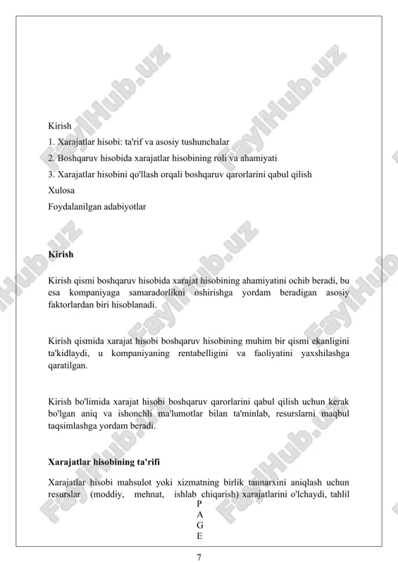 foydalanib, strategik qarorlar qabul qilishni qo'llab-quvvatlaydi. xarajatlar hisobi va boshqaruv hisobining farqlari xarajatlar hisobi asosan mahsulot tannarxini aniqlashga qaratilgan bo'lib, 120-sonli buxgalteriya standartiga muvofiq moliyaviy hisobot uchun ma'lumot beradi. boshqaruv hisobi esa, 25 foizdan ortiq samaradorlikni oshirish maqsadida menejerlar uchun ichki qarorlar qabul qilishda yordam beradigan ma'lumotlarni taqdim etadi. xarajatlar hisobi tarixiy ma'lumotlarga tayanadi va 80% hollarda o'tgan davr xarajatlarini hisobga oladi, boshqaruv hisobi kelajakni rejalashtirishga ko'proq e'tibor qaratadi. xarajatlar hisobining maqsadlari xarajatlar hisobi mahsulot tannarxini aniqlashga qaratilgan bo'lib, bu narxlash siyosatini belgilashda va rentabellikni baholashda 100% aniqlikka erishishga yordam beradi. xarajatlar hisobi 20 dan ortiq xarajat elementlarini tahlil qilib, byudjetni nazorat qilishni ta'minlaydi va resurslardan oqilona foydalanish orqali 30% gacha xarajatlarni kamaytiradi. xarajatlar hisobi boshqaruv qarorlarini qabul qilishda, masalan, mahsulot ishlab chiqarishni to'xtatish yoki 5 ta muqobil variantni solishtirishda muhim rol o'ynaydi. boshqaruv hisobining maqsadlari boshqaruv hisobi, ichki foydalanuvchilarga, masalan, menejerlarga, qaror qabul qilish uchun zarur bo'lgan aniq va …