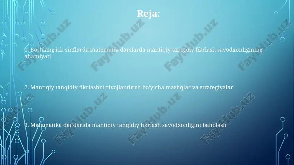 ' kabi misollarni tahlil qilish muhim. tanqidiy fikrlash savodxonligini qo'llab-quvvatlash uchun 1 dan 100 gacha bo'lgan sonlar orasidan 'tub sonlar' ni topish kabi ochiq savollar berish lozim. e'tiboringiz uchun rahmat image1.png image2.png