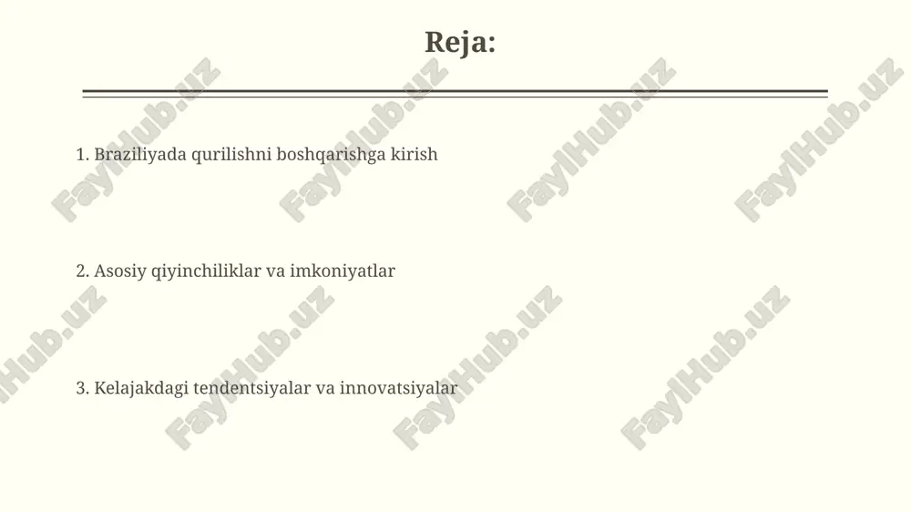 jarayonlari qurilish menejmenti jarayonlariga loyiha tashabbusini aniqlash, moliyalashtirishni rejalashtirish va 10 ta bilim sohasini (masalan, xarajat, vaqt) muvofiqlashtirish kiradi. qurilish jarayonlarida sifatni nazorat qilish muhim, bu iso 9001 standartlariga muvofiq bo'lishi va 5 bosqichli tekshiruv tizimini o'z ichiga olishi kerak. muammolar va qiyinchiliklar kadrlar yetishmasligi braziliyada qurilish menejmentida jiddiy muammo boʻlib, malakali ishchilarning yetishmasligi loyihalarning 15 foiz kechikishiga sabab boʻladi. logistika va infratuzilma cheklanishlari qurilish materiallarini yetkazib berishda 25 foizga qimmatlashishga olib keladi, bu esa loyihalarning byudjetdan chiqib ketishiga olib keladi. innovatsiyalar va texnologiyalar braziliya qurilishida bim 360 kabi bulutga asoslangan dasturiy ta'minotdan foydalanish loyihalarni boshqarishda, xarajatlarni kamaytirishda va hamkorlikni yaxshilashda muhim rol o'ynaydi. 3d bosib chiqarish texnologiyasi braziliyada arzon uy-joylar qurilishida innovatsion yechim sifatida paydo bo'lmoqda, bu esa qurilish vaqtini qisqartiradi va chiqindilarni kamaytiradi. kelajak istiqbollari va xulosalar brazil qurilish boshqaruvida texnologiya integratsiyasi ortishi kutilmoqda, shu jumladan, bim va raqamli egizaklarni 30% ga kengaytirish orqali loyiha samaradorligini oshirish rejalashtirilgan. …