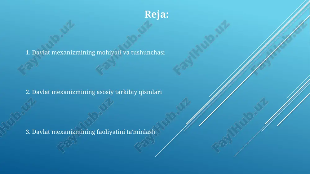 ntirish, infratuzilmani rivojlantirish va 2030-yilgacha bo'lgan barqaror rivojlanish maqsadlariga erishish uchun xalqaro hamkorlikni kuchaytirishdan iborat. davlat hokimiyatining tarmoqlari: qonun chiqaruvchi, ijro etuvchi va sud hokimiyati qonun chiqaruvchi hokimiyat qonunlarni qabul qiladi, ularga o'zgartirishlar kiritadi va bekor qiladi, masalan oliy majlis ikki palatadan iborat bo'lib, 150 deputatdan kam bo'lmasligi kerak. ijro etuvchi hokimiyat qonunlarning ijrosini ta'minlaydi, hukumat tomonidan amalga oshiriladi va prezident ijro etuvchi hokimiyatning boshlig'i bo'lib, 5 yillik muddatga saylanadi. sud hokimiyati qonun ustuvorligini ta'minlaydi, nizolarni hal qiladi va odil sudlovni amalga oshiradi, oliy sud esa sud tizimining eng yuqori instansiyasi hisoblanadi. davlat apparati: tuzilishi va funktsiyalari davlat apparatining muhim funktsiyasi – qonunlarni ijro etish va davlat siyosatini amalga oshirish. vazirliklar, davlat qoʻmitalari va agentliklar orqali iqtisodiy, ijtimoiy va madaniy sohalarni boshqaruvni ta’minlaydi. davlat apparati turli xil organlardan iborat boʻlib, ularning tuzilishi konstitutsiya va qonunlar bilan belgilanadi. ular qonun chiqaruvchi, ijro etuvchi va sud hokimiyatini, markaziy va mahalliy organlarni oʻz …