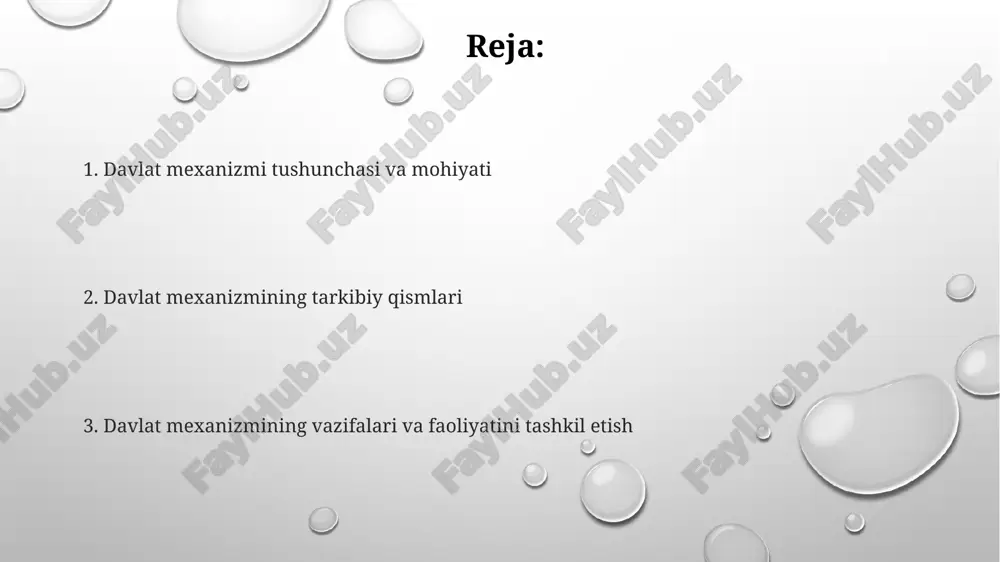 o etuvchi va sud hokimiyatini amalga oshiruvchi institutsiyalarni o'z ichiga oladi. davlat mexanizmining yana bir muhim qismi - davlat xizmatchilari apparati bo'lib, ular davlat vazifalarini bajarish uchun yollangan professional xodimlar, jumladan 1-toifali mansabdor shaxslardir. davlat apparati: tushunchasi va tuzilishi davlat apparati - bu davlat vazifalarini amalga oshirish uchun tashkil etilgan, ierarxik tuzilmaga ega bo'lgan muassasalar va mansabdor shaxslar majmuasi, misol uchun, vazirlar mahkamasi va hokimliklar. uning tuzilishi uchta asosiy shoxga bo'linadi: qonun chiqaruvchi (oliy majlis), ijro etuvchi (vazirlar mahkamasi) va sud hokimiyati (konstitutsiyaviy sud, oliy sud va boshqalar), har biri alohida funksiyalarni bajaradi. davlat apparati faoliyati qonunchilik asosida tartibga solinadi, bu esa uning vakolatlarini, tuzilishini va faoliyatining asosiy tamoyillarini belgilab beradi. masalan, 1992 yilgi konstitutsiya. davlat organlari tizimi prezident farmonlari, vazirlar mahkamasining qarorlari 10 kun ichida e'lon qilinishi, qonunlar esa 90 kundan kechiktirmay e'lon qilinishi shart. o'zbekiston davlat organlari tizimi oliy majlis, prezident, vazirlar mahkamasi, konstitutsiyaviy sud va boshqa 5 …