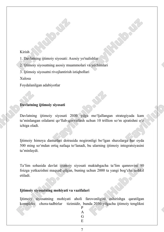 oshirish, aholini dori-darmonlar bilan ta’minlash va sanitariya-epidemiologiya nazoratini kuchaytirishga qaratilgan. aholini ijtimoiy himoya qilish tizimi davlat pensiya ta’minoti tizimi uch bosqichli bo’lib, unda minimal pensiya miqdori mehnatga layoqatsiz fuqarolarni qo’llab-quvvatlashga qaratilgan. nogironligi bo’lgan shaxslarni ijtimoiy himoya qilish dasturlari tibbiy-ijtimoiy ekspertiza xulosasiga ko’ra, nafaqalar va reabilitatsiya xizmatlarini o’z ichiga oladi. kam ta’minlangan oilalarga moddiy yordam ko’rsatish “ijtimoiy himoya yagona reyestri” orqali amalga oshiriladi, bunda oilaning daromadi inobatga olinadi. ta'lim sohasidagi davlat siyosati ta’lim sohasidagi davlat siyosati '2017-2021 yillarda o'zbekistonni rivojlantirishning beshta ustuvor yo'nalishi'da belgilangan vazifalarni amalga oshirishga qaratilgan. oliy ta’lim muassasalarining avtonomiyasini kengaytirish, xalqaro standartlarga moslashish va kadrlar tayyorlash sifatini oshirish strategik maqsad hisoblanadi. maktabgacha ta’lim qamrovini 2021-yilga kelib 70% ga yetkazish, inklyuziv ta’limni rivojlantirish va o’quv jarayonini zamonaviylashtirish asosiy vazifalardandir. sog'liqni saqlash sohasidagi davlat siyosati davlat sog'liqni saqlash siyosati 2024-yilda tibbiy sug'urta qamrovini kengaytirishni maqsad qilib, aholining kamida 85 foizini ushbu xizmat bilan ta'minlashni rejalashtirmoqda. ona va bola salomatligini mustahkamlash …