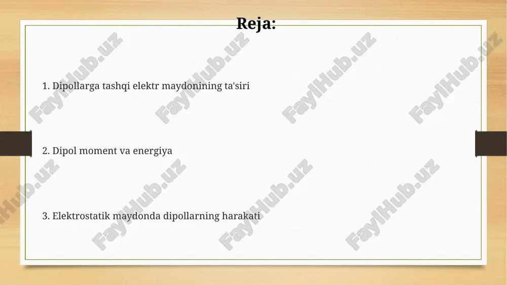 tini keltirib chiqaradi, bu moment τ = p × e formula bilan ifodalanadi. dipol elektr maydon yo'nalishiga moslashganda, potensial energiya u = -p ⋅ e minimal qiymatga ega bo'ladi, bu esa dipolning barqaror holatiga mos keladi va energiyaning kamayishini ko'rsatadi. e'tiboringiz uchun rahmat image7.png image3.png image4.png