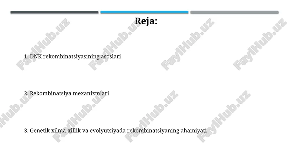 n. dnk sinishi va qayta biriktirilishi dnk sinishi va qayta biriktirilishi gomologik rekombinatsiya orqali xromosomadagi 1000 dan ortiq asos juftlarini almashinuvini ta'minlab, genetik xilma-xillikni oshiradi. transpozonlar dnk ketma-ketligining 1-10 kilobaza o'lchamidagi qismlari bo'lib, dnk sinishi va qayta biriktirilishi orqali genom bo'ylab harakatlanib, gen ekspressiyasiga ta'sir etadi. hollidey birikmasi hollidey birikmasi dnk rekombinatsiyasining muhim bosqichidir, bunda ikki xil dnk molekulasi o'rtasida to'rtta iplidan iborat tuzilma hosil bo'ladi va bu iplar almashinuvini ta'minlaydi. hollidey birikmasi ko'chishi rekombinatsiya mahsulotlarining tuzilishini belgilaydi, ya'ni rekombinatsiya nuqtasidan uzoqlashishi dnk molekulalarida genetik materialning qanday o'zgarishiga olib keladi. gen konversiyasi gen konversiyasi – bu geterodupleks dnkni tuzatish jarayonida bir allelning boshqa allelga yo'naltirilgan, noqonuniy o'zgarishi; 5:3 nisbatda bo'lishi mumkin. dnk replikatsiyasi xatolarini tuzatishda gen konversiyasi muhim rol o'ynaydi, bunda noto'g'ri qo'shilgan nukleotidlar yo'q qilinadi va genom barqarorligi saqlanadi. noqonuniy rekombinatsiya noqonuniy rekombinatsiya homologik ketma-ketlik talab qilmaydi, garchi u 1-5 juft asosga ega mikrohomologiya bilan sodir bo'lishi mumkin.bu jarayon …