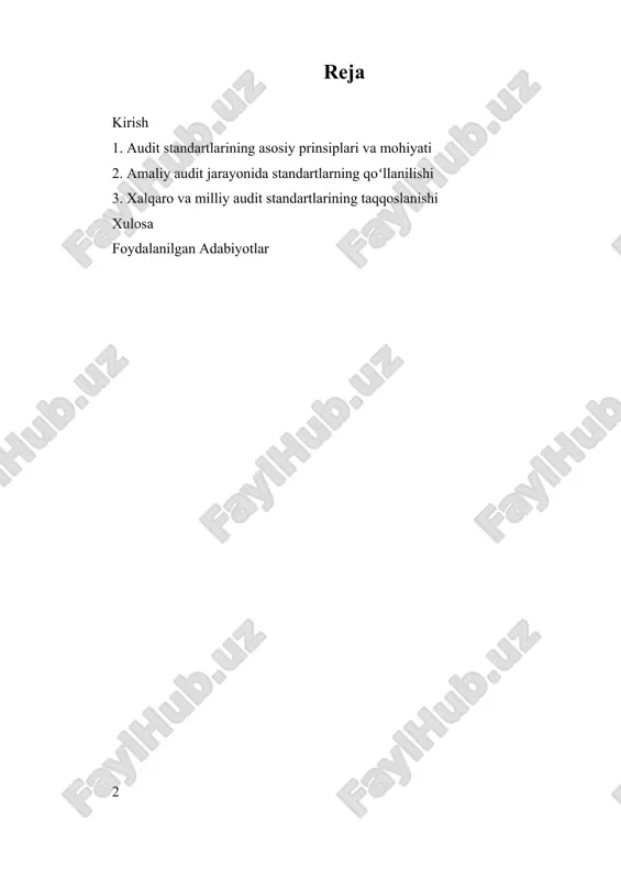 il auditni mustahkamlash va etika masalalarida yuzaga keladigan muammolar mavjud bo'lib, ular iqtisodiy barqarorlik va moliyaviy firibgarliklarni kamaytirishda muhim omil hisoblanadi. statistik ma'lumotlar shuni ko'rsatadiki, to'g'ri audit standartlarining qo'llanilishi moliyaviy firibgarliklarni kamaytirish va iqtisodiy barqarorlikni saqlashda muhim rol o'ynaydi. kelajakda, texnologiya bilan integratsiya, xalqaro hamkorlikni kuchaytirish va standartlarni moslashtirish muhim ahamiyat kasb etadi. shunday qilib, audit standartlari moliyaviy hisobotlarning ishonchliligini ta'minlovchi va iqtisodiy hamda huquqiy muhitda muhim mexanizm sifatida xizmat qiluvchi asosiy elementdir. ushbu tadqiqotda, audit standartlarining asosiy prinsiplari va mohiyatiga, amaliyotda qo'llanilishiga hamda xalqaro va milliy standartlar o'rtasidagi farqlarga e'tibor qaratiladi. bu bilan, audit sohasida yuzaga kelayotgan muammolarni aniqlash va ularni hal qilish bo'yicha takliflar ishlab chiqiladi, shuningdek, standartlarning samarali qo'llanilishini ta'minlash uchun yondashuvlar taklif etiladi. i. audit standartlarining asosiy prinsiplari va mohiyati audit standartlarining asosiy prinsiplari va mohiyati bu sohada sifatli va ishonchli audit faoliyatining asosini tashkil etadigan fundamental qoidalar va tamoyillardir. bu prinsiplarga amal qilish auditorlarning professional …