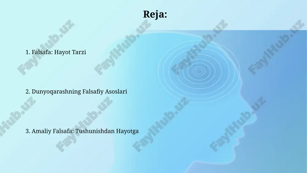 aql bilan, empirizm esa 18-asrda tajriba orqali olishni ta'kidlaydi, epistemologik qarashlar bilan farqlanadi. metafizika: borliqning mohiyatini anglash metafizika, borliqning asosiy mohiyatini, masalan, substansiya va hodisa o'rtasidagi munosabatni o'rganadi, bu esa 1-sabablar va 2-o'lchovlar haqida savollar tug'diradi. borliqning mohiyatini anglash metafizikasi, vaqtning tabiatini (o'tgan, hozirgi, kelajak), makonning tuzilishini va ularning bir-biri bilan 3-bog'liqligini tahlil qiladi. mantiq: fikrning to'g'riligi mantiq, fikrning to'g'riligi, kategorik sillogizmda uchta qismni o'z ichiga oladi: katta premissa, kichik premissa va xulosa. ushbu tuzilma mantiqiy xulosalar chiqarishda muhim rol o'ynaydi. mantiqda induktiv va deduktiv mulohazalar mavjud. deduksiya umumiy qoidalardan xulosalar chiqarishga asoslangan, induksiya esa 10 ta kuzatish asosida umumiy xulosa qilishni o'z ichiga oladi. siyosiy falsafa: adolatli jamiyat qurish adolatli jamiyat qurishda resurslarni taqsimlash masalasi muhim: utilitarizm 1-tamoyili maksimal foydani, rawls 2-tamoyili eng zaiflar manfaatini ustun qo'yadi. siyosiy falsafa hokimiyatning legitimligini tahlil qiladi, masalan, ijtimoiy shartnoma nazariyasi 3 asosiy davlatning qonuniyligini asoslashga urinadi. estetika: go'zallikni idrok etish estetika obyektning …