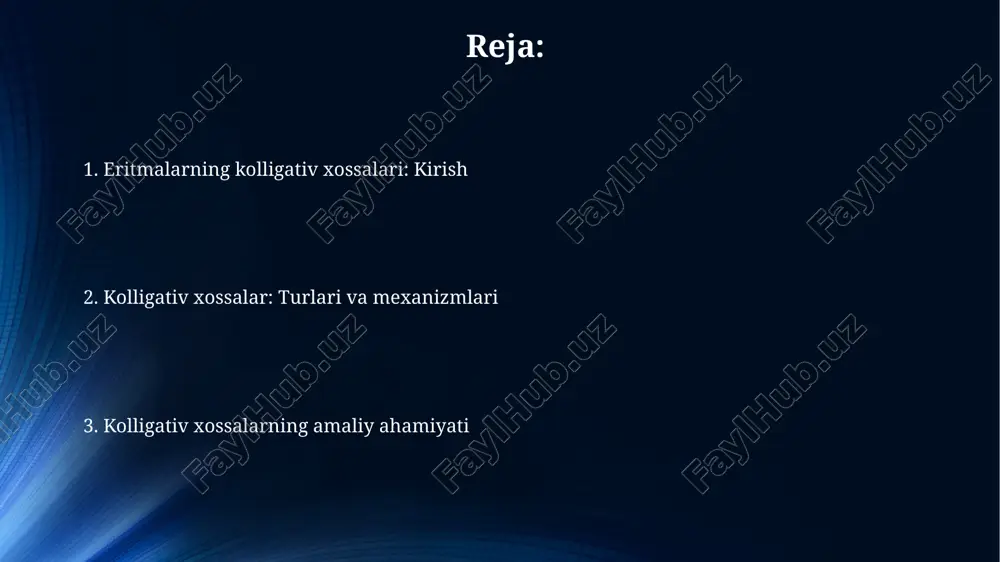 7 °c gacha bo'lgan haroratlarda muzlashdan himoya qiladi va dvigatelning shikastlanishini oldini oladi. tibbiyotda, osmotik bosimdan foydalanish intravenöz suyuqliklarni (masalan, 0.9% nacl eritmasi) tayyorlashda muhim, bu hujayralar ichidagi va tashqarisidagi osmotik muvozanatni saqlashga yordam beradi. e'tiboringiz uchun rahmat image5.png image1.jpeg