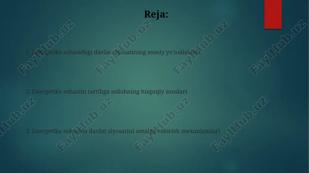 'minlash strategiyasi 2030 yilgacha diversifikatsiya, energiya samaradorligini oshirish va mahalliy resurslardan foydalanishni ko'zda tutadi. o'zbekistonning energiya xavfsizligi energetika infratuzilmasini modernizatsiya qilish, qayta tiklanuvchi energiya ulushini 25% ga yetkazish bilan mustahkamlanadi. energetika sohasida investitsiya muhitini yaxshilash energetika sohasiga xorijiy investitsiyalarni jalb qilish uchun davlat-xususiy sheriklik loyihalarini (dxx) faol rivojlantirish, shu jumladan, tenderlarni soddalashtirish va shaffoflikni oshirish zarur. qayta tiklanuvchi energiya manbalari (qte) loyihalarini rag'batlantirish uchun kafolatlangan tariflar (feed-in tariff) mexanizmini takomillashtirish va 25 yillik elektr energiyasi sotib olish shartnomalarini (ppa) taqdim etish muhim. energiya tejamkorligini targ'ib qilish va qo'llab-quvvatlash energiya tejamkorligini targ'ib qilish orqali aholining xabardorligini oshirish, xususan, ommaviy axborot vositalari orqali 20% energiya sarfini kamaytirish maqsad qilingan. davlat energiya tejamkorligini qo'llab-quvvatlash doirasida subsidiyalar va imtiyozli kreditlar ajratishni nazarda tutadi, bu esa 15% investitsiya xarajatlarini qoplaydi. energetika sohasida ekologik xavfsizlikni ta'minlash energetika korxonalarida 2024-yilgi nazoratlar atrof-muhitga ta'sirni baholash (atb) hujjatlarining mavjudligini tekshirish, chiqindilarning 5 mg/m3 dan oshmasligini ta'minlashga qaratilgan. yangi energiya …