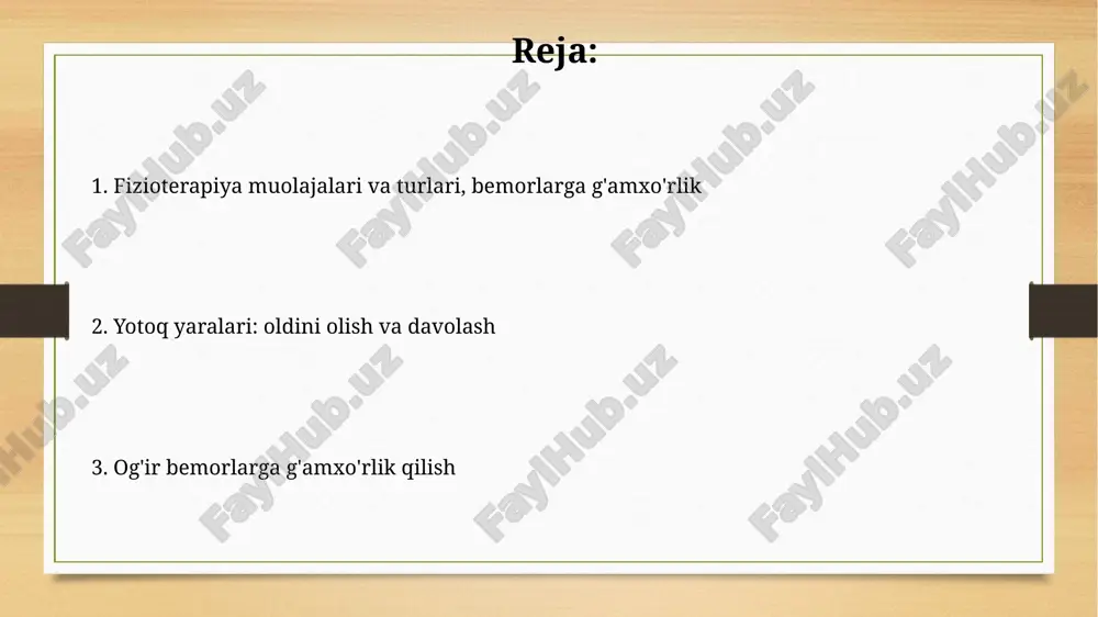 ptsiyasi erta neyromotor rivojlanishni rag'batlantirish uchun ishlatiladi, ayniqsa serebral falaj bo'lgan bolalarda, 5 dan 15 marta takrorlash bilan. ortopedik kasalliklarda fizioterapiya ortopedik kasalliklarda fizioterapiya og'riqni kamaytirish, harakat diapazonini oshirish uchun elektroterapiya va issiqlik terapiyasini o'z ichiga oladi. reabilitatsiya jarayonida terapevtik mashqlar qo'llaniladi, ular mushak kuchini tiklash va bo'g'imlarning barqarorligini ta'minlashga yordam beradi. kardiopulmoner fizioterapiya kardiopulmoner fizioterapiya nafas olish tezligini minutiga 12-20 martagacha normallashtirishni maqsad qiladi va bronxial drenaj texnikasini o'z ichiga oladi. o'pka reabilitatsiyasi 6 hafta davomida mashqlar, maslahatlar va ta'lim orqali 15-20% funksional yaxshilanishga olib kelishi mumkin. geriatrik fizioterapiya geriatrik fizioterapiya muvozanatni yaxshilashga qaratilgan mashqlarni o'z ichiga oladi, bu esa keksa bemorlarda yiqilish xavfini kamaytiradi va mustaqillikni oshiradi. osteoartrit kabi surunkali og'riqni boshqarish geriatrik fizioterapining muhim qismidir, bu esa og'riqni kamaytirish va funksionallikni yaxshilash uchun turli usullarni qo'llaydi. bemorga g'amxo'rlik qoidalari bemorlarga g'amxo'rlik qilishda 30 graduslik burchak ostida yotqizish, bosimni kamaytirish va qon aylanishini yaxshilash orqali yotoq yaralarining oldini …