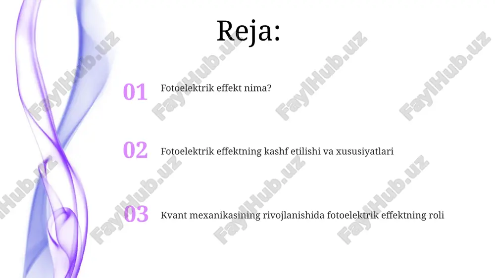 trik effektni tushuntirishda inqilob qildi. u yorug'lik fotonlar deb ataladigan alohida energiya paketlaridan iborat ekanligini, har bir foton e=hf energiyaga ega ekanligini ko'rsatdi. e'tiboringiz uchun rahmat image1.jpeg image2.jpeg image3.jpeg