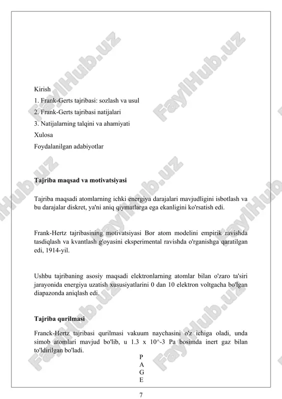 di. elektronlar atomlar bilan har qanday to'qnashuvda energiyani yo'qotadi, bu esa sekin-asta potentsialni kamaytiradi. agar klassik fizika to'g'ri bo'lsa, elektronlar har qanday tezlashtiruvchi potentsialda (nolga yaqin bo'lsa ham) atomlarni ionlashtirishi va tok hosil qilishi kerak edi, lekin bu kuzatilmaydi. klassik nazariya, shuningdek, atomlar har qanday energiyani yutishi mumkinligini ko'rsatadi. shuning uchun, franck-hertz eksperimentida aniq energiyadagi pasayishlar kuzatilishi mumkin emas. kuzatilgan natijalar elektronlar energiyasi ma'lum qiymatga (4.9 ev) yetganda, simob atomlari bilan to'qnashuvlar elastik bo'lmay qoladi va oqim keskin kamayadi, bu energiya yo'qotilishini ko'rsatadi. o'tkazilgan tajribalar shuni ko'rsatdiki, ma'lum bir kuchlanishdan keyin (4.9 volt), elektronlar atomlar bilan to'qnashib, ularga energiya beradi, bu esa oqimning kamayishiga olib keladi. olingan natijalar atom energiyasi kvantlanganligini isbotlaydi; elektronlar faqat 4.9 ev yoki uning karrali energiyani yo'qotadi, bu esa diskret energiya sathlarining mavjudligini tasdiqlaydi. natijalarning tahlili: diskret energiya darajalari frank-gerts tajribasida elektronlar simob atomlari bilan ma'lum energiya qiymatlarida (4.9 ev atrofida) elastik bo'lmagan to'qnashuvga uchrashadi, bu …