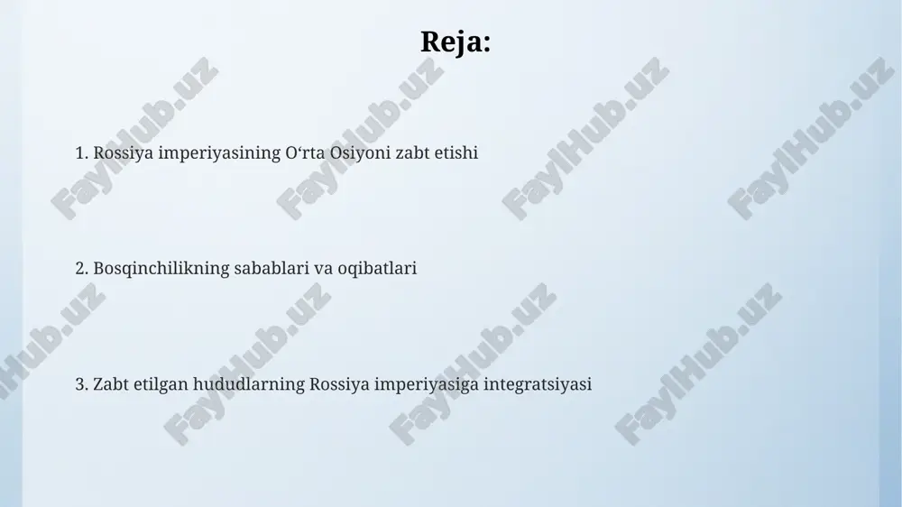 tirildi va rossiya qonunchiligi joriy etilib, nazorat kuchaytirildi. paxta yakkahokimligi oʻrnatildi, mahalliy hunarmandchilikka zarar yetkazdi va 1920-yillarga kelib mintaqa umumiy eksportining 45% ini tashkil etdi, bu esa iqtisodiy qaramlikni kuchaytirdi. rossiyaliklar migratsiyasi oqibatida etnik demografiya oʻzgardi, mahalliy aholining yerlari musodara qilindi hamda 1917-yilgacha slavyan aholisi 10% ga yetdi. e'tiboringiz uchun rahmat @taqdimot_robot image4.png image5.png image3.jpeg