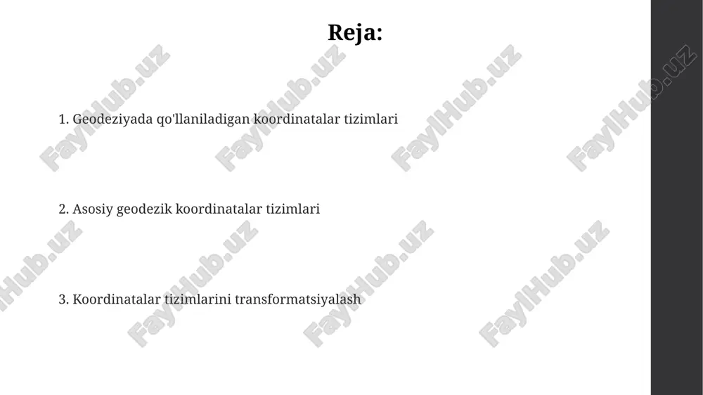 zgartirish geodezik ishlarda muhim, chunki turli ma'lumotlar bazalarini birlashtirish imkonini beradi, masalan, utm koordinatalaridan geografik koordinatalarga o'tishda. geodezik muammolarni hal qilishda turli koordinatalar tizimlari talab etiladi. gelmert transformatsiyasi 7 parametr yordamida uch o'lchovli dekart koordinatalarini o'zgartiradi va aniqlikni oshiradi. e'tiboringiz uchun rahmat image1.png