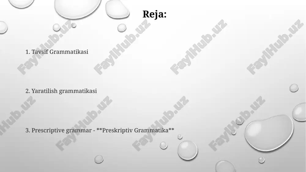 virlaydi. grammatika va til o'rganish generativ grammatika: tilning qanday hosil bo'lishi va tushunilishi haqida tushuntirishga harakat qiladi. ta'rifiy grammatika: tilning qanday qo'llanilishini tasvirlaydi. preskriptiv grammatika: tilni qanday ishlatish kerakligini ko'rsatib beradi. generativ grammatika: tildan ichkariga qarab qurish generativ grammatika: tilni qanday yaratilishini va tushunilishini tushuntiradi. tavsifli grammatika: tilning qanday ishlatilishini tasvirlaydi. preskriptiv grammatika: tilni qanday ishlatish kerakligini ko'rsatib beradi. xulosa: grammatikaning doim o'zgarib turadigan dunyosi preskriptiv grammatika: tilni qanday ishlatish kerakligini belgilaydi. tavsif grammatikasi: tilning qanday ishlatilishini tasvirlaydi. generativ grammatika: tilni qanday hosil qilish va tushunishni tushuntiradi. tavsif grammatikasi: tilni harakatda ushlash preskriptiv grammatika: tilni qanday ishlatish kerakligini belgilaydi. generativ grammatika: tilni qanday hosil qilish va tushunishni tushuntiradi. tavsifli grammatika: tilning qanday ishlatilishini tasvirlaydi. grammatika va ijtimoiy kontekst: til o'zgarishi va identifikatsiya ta'rifli grammatika tilning qanday ishlatilishini tasvirlaydi. preskriptiv grammatika tilni qanday ishlatish kerakligini ko'rsatadi. generativ grammatika tilning qanday yaratilishi va tushunilishi haqida tushuntirishga intiladi. til o'zgarishining grammatikaga ta'siri til …