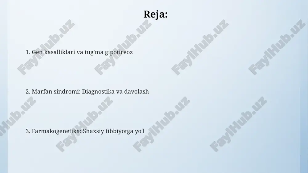 reoz: diagnostika tug'ma gipotireozni skriningi odatda chaqaloqning hayotining 3-5 kunida olinadigan qon namunasi bilan tsh darajasini aniqlash orqali amalga oshiriladi. tsh darajasi yuqori bo'lsa, erkin t4 darajasini aniqlash uchun tasdiqlovchi test o'tkaziladi, bu esa 0.8-2.0 ng/dl normal oraliqda bo'lishi kerak. tug'ma gipotireoz tashxisini aniqlash uchun tiroid sintigrafiyasi va utt kabi qo'shimcha instrumental tekshiruvlar o'tkazilishi mumkin. tug'ma gipotireoz: davolash davolash odatda hayot davomida davom etadi, ammo ba'zi bolalarda 3 yoshdan keyin dori vositasini to'xtatib, gormonlar darajasini baholash mumkin, bu juda kam uchraydi. tug'ma gipotireozni davolashda asosiy dori vositasi l-tiroksin hisoblanadi, uni qabul qilish doimiy ravishda t4 va tsh gormonlari darajasini nazorat qilish bilan birga olib boriladi. l-tiroksinning dozasi bolaning yoshi, vazni va gormonlar darajasiga qarab belgilanadi; odatda, boshlang'ich doza 10-15 mkg/kg ni tashkil etadi va keyinchalik korreksiya qilinadi. marfan sindromi: ta'rif va genetik asoslari marfan sindromida skelet, ko'z, yurak-qon tomir tizimi kabi ko'plab organlar va tizimlarning zararlanishi kuzatiladi, bu esa 15-20 …