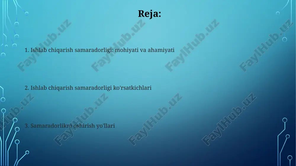dorini sarflangan mehnat vaqtiga nisbatan o'lchaydi, masalan 100 dona/soat. unumdorlikni oshirish uchun korxonalar zamonaviy texnologiyalarni (avtomatlashtirish, robototexnika) joriy etishi kerak, bu esa xatolarni kamaytiradi va ishlab chiqarish hajmini 30% ga oshiradi. material sarfi material sarfi – bu mahsulot birligini ishlab chiqarishga ketadigan xom ashyo, materiallar va yarim fabrikatlar miqdori, odatda natural yoki qiymat ko'rinishida ifodalanadi. sarflangan materiallar normasi 10% ga oshsa, bu ishlab chiqarish xarajatlarining sezilarli darajada oshishiga olib keladi, demak, rentabellik pasayadi va narx raqobatbardoshligi yo'qoladi. energiya sarfi energiya sarfi yalpi ichki mahsulot birligini ishlab chiqarish uchun ishlatiladigan energiyaning miqdorini ko'rsatadi, odatda megajoul (mj) yoki btu (british thermal unit) bilan o'lchanadi. energiya sarfi ko'rsatkichlari energiya tejamkorligini baholash uchun ishlatiladi, past ko'rsatkich yuqori samaradorlikni anglatadi, masalan, kamroq energiya bilan ko'proq mahsulot ishlab chiqarish. asosiy vositalardan foydalanish samaradorligi asosiy vositalar samaradorligini baholashda fond qaytimi koʻrsatkichi muhim, u har bir soʻm asosiy vositaga toʻgʻri keladigan mahsulot hajmiga (soʻmda) baho beradi va 1 …