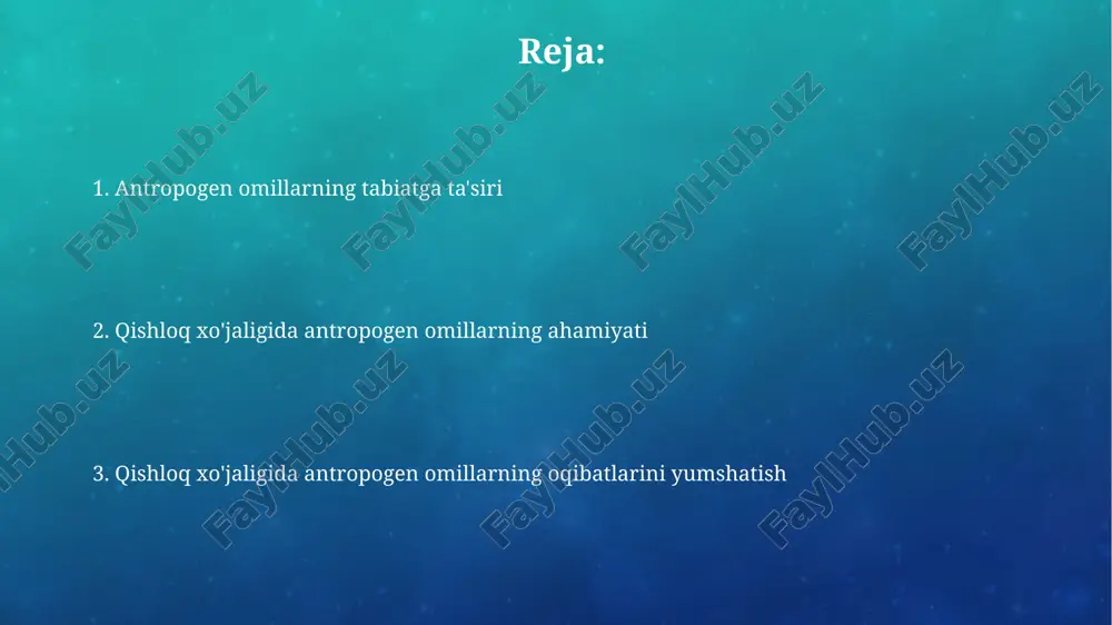 sildorlik kamayishi kuzatilishi mumkin. intensiv dehqonchilik usullari, jumladan, o'g'itlardan me'yoridan ortiq foydalanish tuproqning tuzlanishiga sabab bo'lib, ph darajasini 8.5 dan yuqori ko'taradi va o'simlik o'sishini cheklaydi. suv resurslarining ifloslanishi va kamayishi sanoat chiqindilarining suv havzalariga tashlanishi suvning ph darajasini o'zgartirib, suv ekotizimlariga jiddiy zarar yetkazadi va suv resurslarining kamayishiga olib keladi. qishloq xo'jaligida ishlatiladigan azotli o'g'itlar va pestitsidlar yer osti suvlariga sizib kirib, ularni ifloslantiradi hamda inson salomatligiga xavf tug'diradi, resurslar kamayishiga olib keladi. o'rmonlarning yo'q qilinishi va biologik xilma-xillikning yo'qolishi o'rmonlarning kesilishi tufayli tuproq eroziyasi 10-15% ga oshadi, bu esa hosildorlikni kamaytiradi va suv havzalarining ifloslanishiga olib keladi. o'rmon yo'qolishi natijasida 30% gacha dori-darmonlar va oziq-ovqat manbalari yo'qolishi mumkin, bu esa qishloq xo'jaligiga ta'sir qiladi. qishloq xo'jaligida pestitsidlar va o'g'itlarning qo'llanilishi qishloq xo'jaligida pestitsidlar va o'g'itlardan foydalanish hosildorlikni 30-50% ga oshirishi mumkin, ammo bu tuproqning ifloslanishi va biologik xilma-xillikning yo'qolishiga olib keladi. azotli o'g'itlar, ayniqsa, nitratlarning yuqori konsentratsiyasi suv …