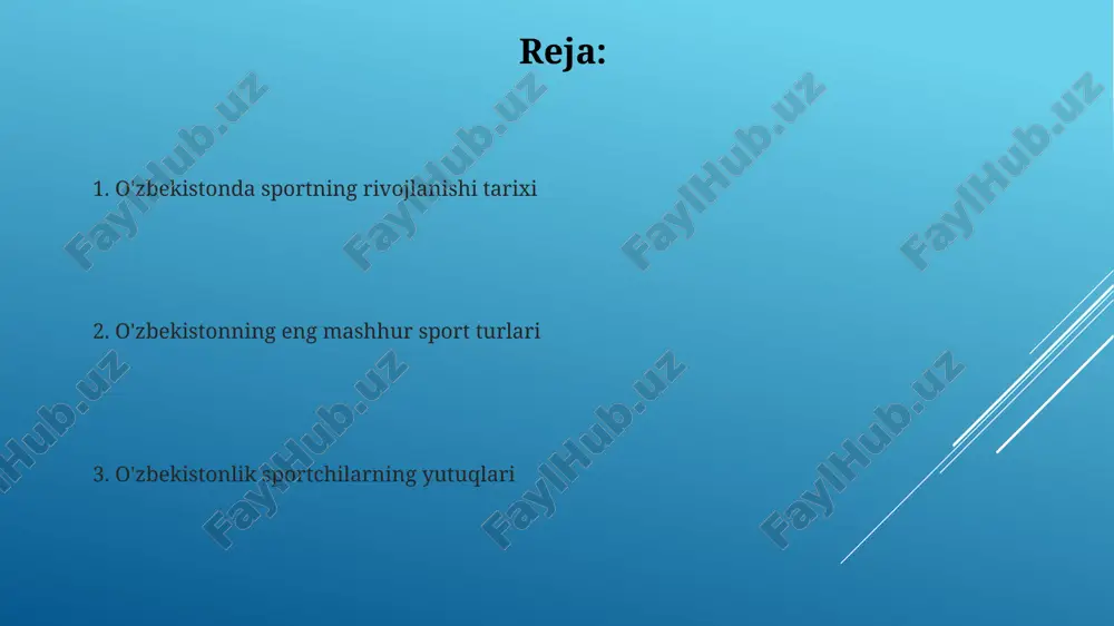. keyingi 5 yilda zamonaviy standartlarga javob beradigan 10 ta yirik sport majmualari qurildi, bu esa xalqaro musobaqalarni o'tkazish imkoniyatini oshirdi. sport ta'limi va yoshlar sporti o'zbekistonda sport ta'limi 14 ta ixtisoslashtirilgan maktab-internatlarni o'z ichiga oladi, ularda yosh sportchilar 11 xil sport turi bo'yicha chuqurlashtirilgan ta'lim oladi. yoshlar sporti uch bosqichli tizimga ega: bolalar-o'smirlar sport maktablari (bo'sm), ixtisoslashtirilgan bo'sm va olimpiya zaxiralari kollejlari, qamrov 6 yoshdan 18 yoshgacha. sportni rivojlantirish bo'yicha davlat siyosati o'zbekistonda 2022-2026 yillarga mo'ljallangan yangi o'zbekistonning taraqqiyot strategiyasida sportni ommalashtirish va professional sportchilarni qo'llab-quvvatlash muhim yo'nalishlardan biri sifatida belgilangan. davlat sport siyosati doirasida “har bir oila – bir sportchi” tamoyiliga asoslangan dasturlar amalga oshirilmoqda, bunda aholining barcha qatlamlari uchun sport bilan shug'ullanish imkoniyatlari kengaytirilmoqda. e'tiboringiz uchun rahmat image1.png image2.jpg image3.jpg image4.jpg image5.jpg image6.jpg image7.jpg image8.jpg