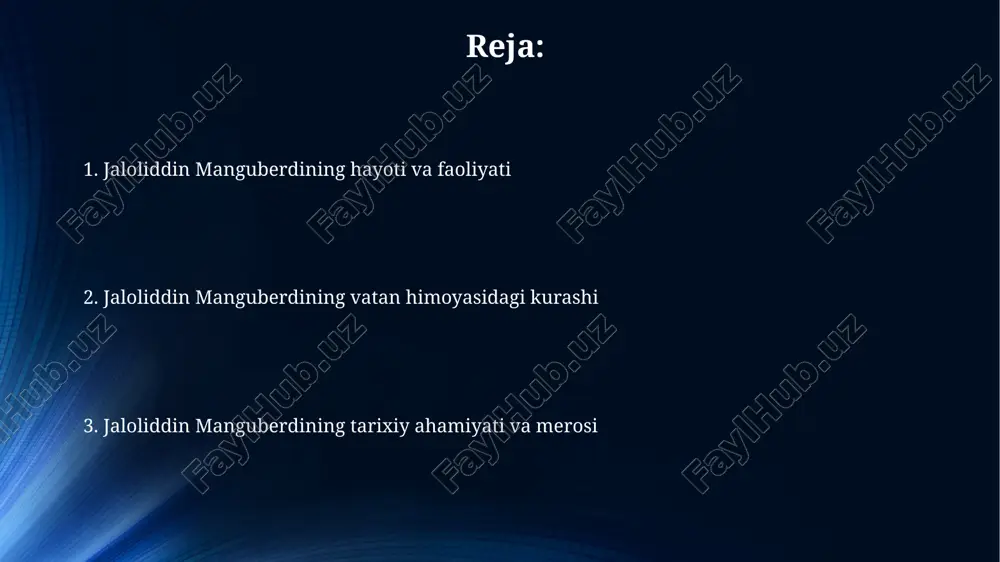 davlatining qulashini birozga kechiktirdi. uning hindistonga qilgan yurishi (1221-1227) markaziy osiyoda moʻgʻullarga qarshi yangi front ochishga urinish edi. ammo bu urinishlar muvaffaqiyatsizlikka uchradi. e'tiboringiz uchun rahmat @taqdimot_robot image5.png image4.jpeg