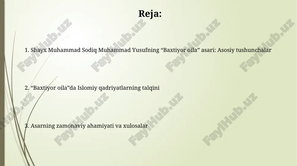 ilani jamiyatning asosi sifatida koʻradi va uning barqarorligini ta’minlash uchun 3 ta asosiy omil – ishonch, hurmat va sevgi muhimligini ta’kidlaydi. nikoh va oilaviy hayotning ahamiyati "nikoh va oilaviy hayotning ahamiyati" risolasida nikoh 1/2 dindan hisoblanib, insoniyat naslini davom ettirish va jamiyat barqarorligini ta'minlashning asosi ekanligi ta'kidlanadi. oilaning muhimligi muhammad sodiq muhammad yusufning asarida jamiyatning asosiy bo'g'ini sifatida ta'kidlanadi, unda axloqiy qadriyatlar shakllanadi va avlodlar o'rtasida uzviylik saqlanadi. er va xotinning huquq va majburiyatlari erning huquqi xotinga nisbatan yaxshi muomalada bo'lish, uning ehtiyojlarini qondirish, shuningdek, oilani moddiy ta'minlash majburiyatini o'z ichiga oladi, bu islomiy adolat tamoyiliga asoslangan. xotinning huquqi eridan nafaqa olish, hurmat ko'rish va erning o'zaro munosabatlardagi adolatiga erishishdir; masalan, agar erning bir nechta xotini bo'lsa, ularga teng munosabatda bo'lishi kerak. farzand tarbiyasi: islomiy tamoyillar islomiy tarbiyada 7 yoshgacha bo'lgan davrda bolaga rahm-shafqat ko'rsatish, unga yaxshi axloqni singdirish muhim. tarbiya jarayonida hadislardan ibrat olish asosiy tamoyillardan biri hisoblanadi. farzand …