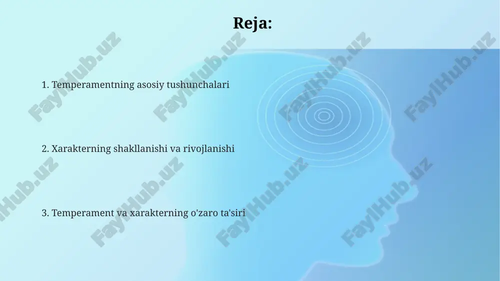 issiy reaksiyalari, energiya darajasi va reaktivligini belgilaydi, xarakter esa axloqiy tamoyillar va odatlarni aks ettiradi. e'tiboringiz uchun rahmat @taqdimot_robot image2.png image1.png