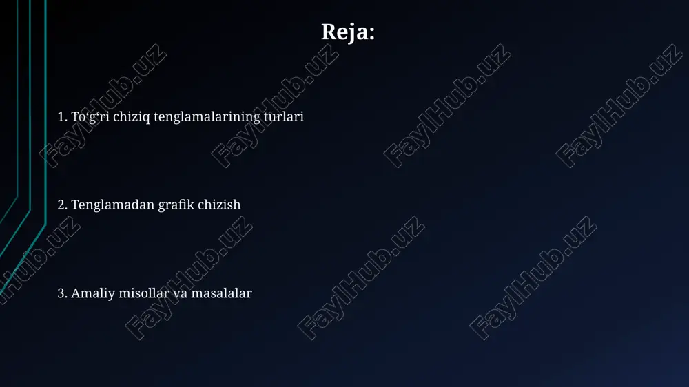 oʻllaniladi. ikki toʻgʻri chiziq, m1 va m2 burchak koeffitsientlariga ega boʻlsa, ular parallel boʻlishi uchun m1 = m2 boʻlishi kerak. e'tiboringiz uchun rahmat @taqdimot_robot image1.png