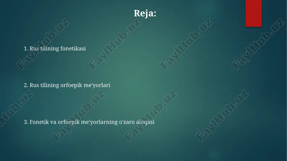 da urg'uning to'g'ri qo'yilishi (oxirgi bo'g'inga), nutq madaniyatini shakllantiradi va 1917-yildan beri lingvistik standartlarga rioya qilishni talab etadi. e'tiboringiz uchun rahmat @taqdimot_robot image1.png image2.png image3.png image4.png image5.png
