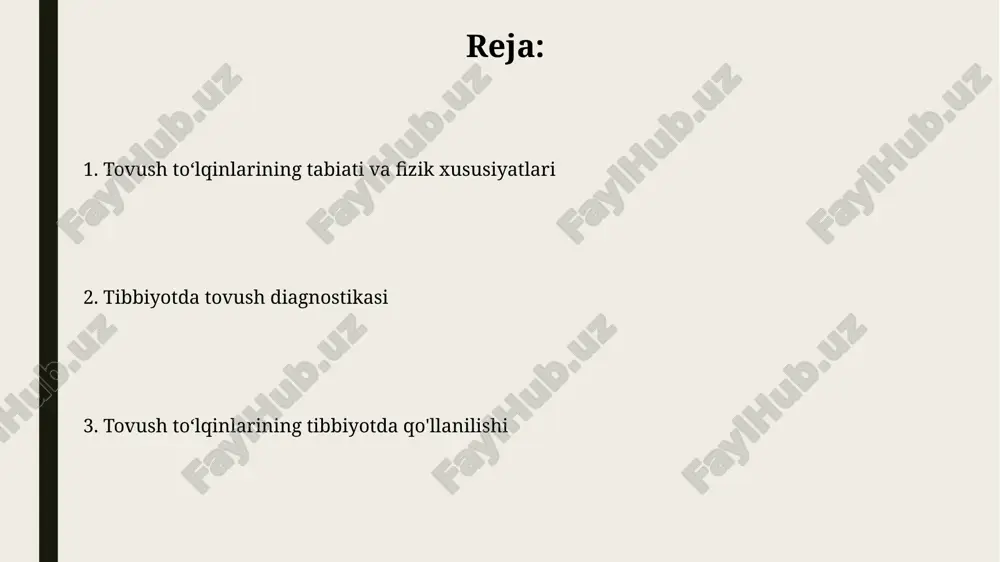 quloq. har bir qism eshitish jarayonida alohida, lekin muhim rollarni o'ynaydi. o'rta quloqda uchta kichik suyakcha – bolg'acha (malleus), sandon (incus) va uzangi (stapes) mavjud. ular nog'ora pardasidan kelgan tovush tebranishlarini ichki quloqqa uzatadi. ultratovush: ta'rifi va xususiyatlari ultratovush - bu inson qulog'i eshita olmaydigan, chastotasi 20 khz dan yuqori bo'lgan tovush to'lqinlaridir. tibbiyotda diagnostika va davolash uchun keng qo'llaniladi. ultratovush to'lqinlari aks etishi, sinishi va yutilishi xususiyatlariga ega. ularning intensivligi (db) muhitning zichligiga va to'lqin chastotasiga bog'liq. tibbiyotda ultratovush diagnostikasi ultratovush diagnostikasi 2-18 mhz chastotali tovush to'lqinlaridan foydalanadi, ular inson eshitish qobiliyati chegarasidan tashqarida bo'lib, to'qimalardan aks etib, tasvir hosil qiladi. doppler ultratovush tekshiruvi qon oqimining tezligi va yo'nalishini baholash uchun ishlatiladi, qon tomirlaridagi torayishlarni aniqlashda va yurakning funktsional holatini o'rganishda muhim ahamiyatga ega. ultratovush tekshiruvining afzalliklari va kamchiliklari ultratovushning afzalligi shundaki, u real vaqtda tasvirlarni taqdim etadi, ya'ni harakatlanuvchi organlar, masalan, yurakning 2d va 3d funksiyalari bir zumda …