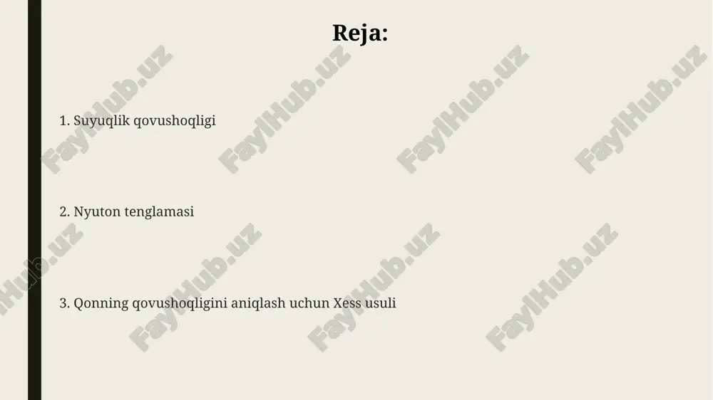 bog'liq: τ = η * (du/dy). nyuton suyuqliklari uchun viskozlik (η) doimiy bo'lib, kesish kuchlanishi va deformatsiya tezligi o'rtasida chiziqli bog'liqlik mavjud. suv va mineral moylar odatda nyuton suyuqliklariga misol bo'ladi. nyuton suyuqliklari va nyuton bo'lmagan suyuqliklar nyuton suyuqliklari doimiy qovushqoqlik koeffitsientiga ega, ya'ni siljish tezligi ortishi bilan qovushqoqlik o'zgarmaydi; masalan, suv xona haroratida nyuton suyuqligi hisoblanadi. nyuton bo'lmagan suyuqliklar uchun qovushqoqlik siljish tezligiga bog'liq bo'ladi; siljish natijasida qovushqoqlik ortishi (dilatant) yoki kamayishi (psevdoplastik) kuzatilishi mumkin. misol uchun, kraxmal eritmasi dilatant hisoblanadi. qon plazmasi nyuton suyuqligi xususiyatlariga ega bo'lsa-da, butun qon nyuton bo'lmagan suyuqlikdir, chunki eritrotsitlar agregatsiyasi past siljish tezliklarida qovushqoqlikni oshiradi, yuqori siljish tezliklarida esa agregatsiya kamayadi. qonning qovushqoqligiga ta'sir etuvchi omillar eritmadagi zarrachalar konsentratsiyasi ortishi bilan qovushqoqlik ko'payadi. yuqori molekulyar og'irlikdagi polimerlar kichikroq molekulalarga nisbatan katta ta'sir ko'rsatadi. suyuqlik harorati oshishi bilan qovushqoqlik odatda kamayadi, chunki molekulalar orasidagi bog'lanishlar zaiflashadi. masalan, 20°c dagi suvning qovushqoqligi 0°c dagiga nisbatan …