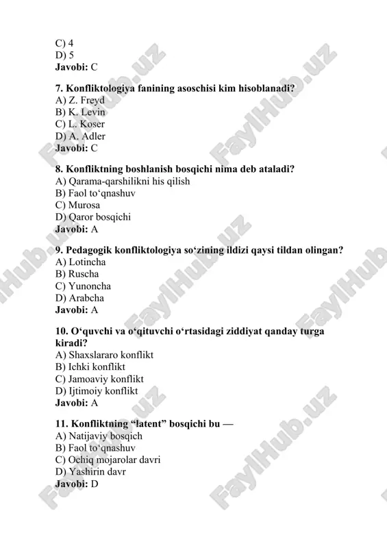 i? a) jahl b) sabrlilik c) beparvolik d) passivlik javobi: b 15. ichki konflikt deganda nimani tushunamiz? a) shaxsning o‘zi bilan kurashi b) guruhlararo to‘qnashuv c) ijtimoiy ziddiyat d) o‘qituvchi va o‘quvchi o‘rtasidagi janjal javobi: a 16. konfliktning yakuniy bosqichi nima? a) natijani tahlil qilish b) qaror bosqichi c) murosa bosqichi d) o‘zgarish davri javobi: b 17. “kompromiss” atamasi nimani bildiradi? a) ziddiyatni kuchaytirish b) murosaga kelish c) mojarodan qochish d) mojaroni e’tiborsiz qoldirish javobi: b 18. o‘quvchilar o‘rtasidagi konfliktni hal etishda o‘qituvchi birinchi navbatda nima qilishi kerak? a) tomonlardan birini ayblash b) holatni tahlil qilish c) sinfni jazolash d) rahbarlikka shikoyat qilish javobi: b 19. konfliktologiyaning asosiy vazifalaridan biri — a) mojarolarni keltirib chiqarish b) mojarolarni o‘rganish va oldini olish c) mojarolarni e’tiborsiz qoldirish d) mojarolardan qochish javobi: b 20. konfliktning asosiy belgisi nima? a) hamkorlik b) qarama-qarshilik c) do‘stlik d) o‘zaro yordam javobi: b 21. pedagogik konfliktlarning asosiy …