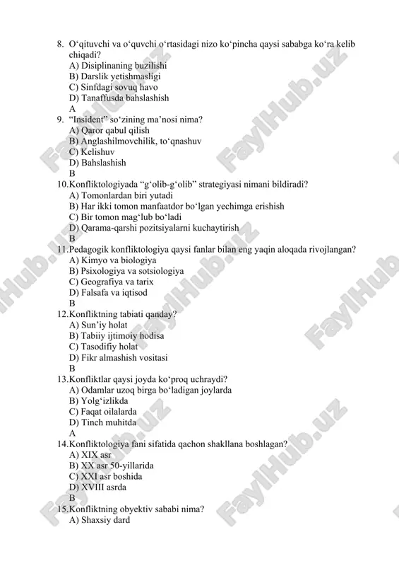 d) tinch muhitda a 14. konfliktologiya fani sifatida qachon shakllana boshlagan? a) xix asr b) xx asr 50-yillarida c) xxi asr boshida d) xviii asrda b 15. konfliktning obyektiv sababi nima? a) shaxsiy dard b) qarama-qarshi manfaatlar c) tashqi stress d) tashkiliy xatolik b 16. “pedagogik konflikt” deganda nimani tushunamiz? a) ta’lim jarayonida vujudga kelgan ziddiyat b) fikr almashish jarayoni c) psixologik stress d) ijtimoiy tadbir a 17. konfliktni boshqarishdagi asosiy tamoyil: a) zo‘ravonlikni kuchaytirish b) muloqot orqali murosa c) jazo berish d) sukut saqlash b 18. “tana zaboni” deganda nimani tushunamiz? a) gest va mimika orqali hisni ifodalash b) til bilan gaplashish c) raqs harakati d) sport harakati a 19. konfliktning makoniy chegarasi nimaga bog‘liq? a) hududga b) zamoniylikka c) shaxsning yoshi d) ish joyiga a 20. konfliktning zamoniy chegarasi nimani bildiradi? a) davomiylik, boshlanish va yakun b) fikrlar xilma-xilligi c) xulosa chiqarish d) nazariy tahlil a 21. konflikt …