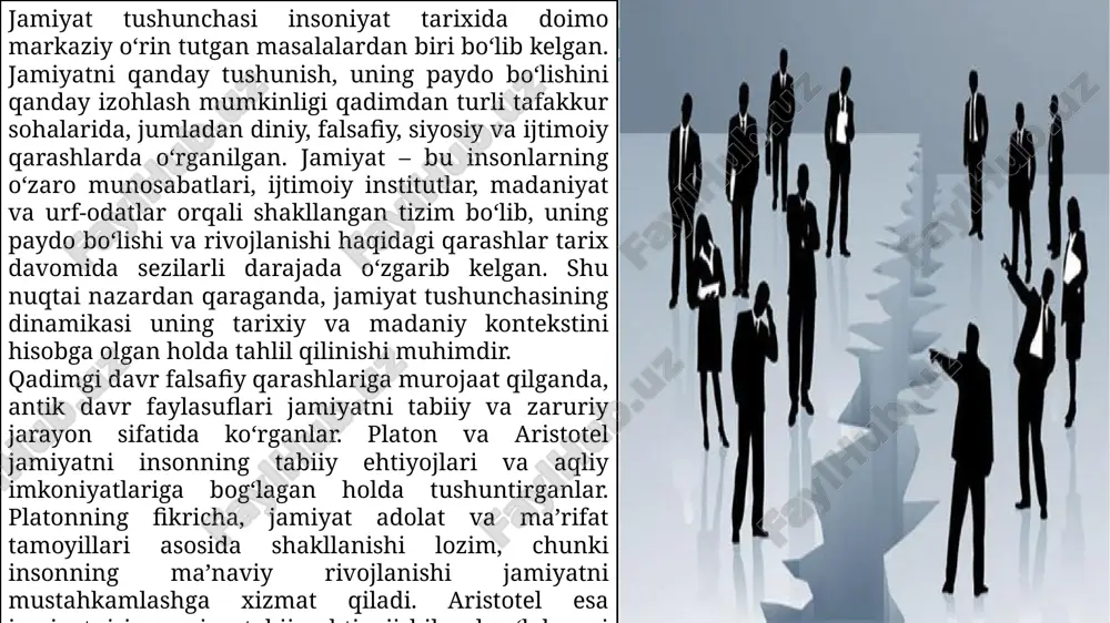 ojlanishi bilan bog‘langan bo‘lib, jamiyatdagi tartib va nizomlarni insoniyatning oliy maqsadlari bilan izohlashga urinish mavjud. keyingi davr, ya’ni yevropa va sharq falsafiy tafakkurida jamiyat tushunchasi yanada murakkablashgan. o‘rta asrlar davrida feodal jamiyat va cherkovning roli diqqat markazida bo‘lgan. cherkov jamiyatdagi ijtimoiy tartibni saqlash va odamlarni ma’naviy jihatdan tarbiyalashda asosiy institut sifatida qaralgan. shu davrda jamiyatni tushuntirish ko‘proq diniy va feodal ierarxiya asosida amalga oshirilgan. renessans davrida esa inson tafakkuridagi o‘zgarishlar natijasida jamiyat tushunchasi erkinlik, aql va tabiiy huquqlar bilan bog‘liq qarashlar bilan boyigan. tomas hobbs jamiyatni ijtimoiy shartnoma asosida, insonning tabiiy holatdagi xavfsizligini ta’minlash maqsadida tashkil topgan tizim sifatida ko‘rsatgan bo‘lsa, jan-jak russo inson va jamiyat o‘rtasidagi tabiiy uyg‘unlikni asosiy tamoyil qilib olgan. xix va xx asrlarda ijtimoiy ilm-fan rivojlanishi bilan jamiyatni o‘rganishning yangi yondashuvlari paydo bo‘ldi. sotsiologiya fanining asoschilari, jumladan ogust kont, karl marks va emile durkheim jamiyatni tizimli va ilmiy asosda tahlil qilishga harakat qilganlar. ogust kont jamiyatni …