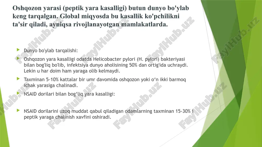 eriya oshqozon shilliq qavatiga zarar yetkazadi va kislotaning ta'sirini kuchaytiradi. 2. nonsteroid yallig'lanishga qarshi dorilar (nsaid): ibuprofen, aspirin kabi dorilar uzoq muddatli iste'mol qilinganda oshqozon shilliq qavatini zaiflashtiradi va yara rivojlanishiga sabab bo'ladi. genetik moyillik: oilaviy anamnezda yara kasalliklari bo'lgan odamlarda bu kasallikning rivojlanish ehtimoli yuqori bo'lishi mumkin. 4. stress va noto'g'ri ovqatlanish: stress va tuzlamali, yog'li yoki juda achchiq ovqatlarni ko'p iste'mol qilish oshqozon kislotasi ishlab chiqarilishini kuchaytiradi, bu esa yara hosil bo'lishiga olib kelishi mumkin. 5. sigaret chekish va alkogol: bu zararli odatlar oshqozon shilliq qavatini himoya qiluvchi mexanizmlarni zaiflashtiradi. belgilari: 1. qorin og'rig'i: oshqozon yarasining asosiy belgisi. bu og'riq ko'pincha o'rtada, oshqozon ustida yoki ko'krak qafasi ostida paydo bo'ladi va ovqatlanishdan so'ng vaqtincha kamayishi yoki kuchayishi mumkin. 2. ko'ngil aynishi va qusish: ovqat yeganingizda yoki oshqozonda kislota ko'payganda oshqozon bezovtaligi kuchayadi. ich qotishi yoki qorinda gaz to'planishi: oshqozonning kislotalilik darajasi oshishi tufayli hazm qilish jarayoni buziladi. 4. …
