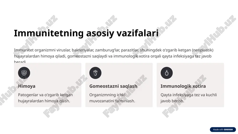 xos immunitet: masalan, odamlar quyon uchun o‘ta xavfli myxomatoz virusiga nisbatan tabiiy chidamli. individga xos immunitet: ayrim odamlar tug‘ma genetik xususiyatlariga ko‘ra ayrim infeksiyalarga chidamli (masalan, ccr5-δ32 mutatsiyasi bo‘lganlar oivga nisbatan rezistent). 1.2.2. orttirilgan (spetsifik) immunitet bu immunitet antigen bilan to‘qnashuvdan so‘ng shakllanadi. u faol yoki passiv, tabiiy yoki sun’iy bo‘lishi mumkin: tabiiy faol infeksiya o‘tkazish natijasida masalan, suvchechakdan so‘ng umrboqiy immunitet tabiiy passiv ona sutidagi antitanalar (iga, igg) orqali yangi tug‘ilgan chaqaloqda sun’iy faol vaksina kiritilganda gripp, gepatit b vaksinalari sun’iy passiv tayyor antitana (zardob) yuborish orqali botulizmda antitoksik zardob 4 2. organizmning spetsifik va nospetsifik himoya omillari 2.1. nospetsifik (tug‘ma) himoya omillari bu tizim antigenni oldindan “tanimasdan” har qanday begona modda yoki mikroorganizmlarga bir xil tipdagi tez javob beradi. fiziologik to‘siqlar teri va shilliq qavatlar (mexanik/kimyoviy himoya), mukosiliar klirens, oshqozon shirasi (ph ≈ 1.5–2.0). hujayraviy komponentlar fagotsitlar (neytrofillar, makrofaglar) begona zarrachalarni yutadi. nk hujayralar virusli/o‘sma hujayralarni yo‘q qiladi. …