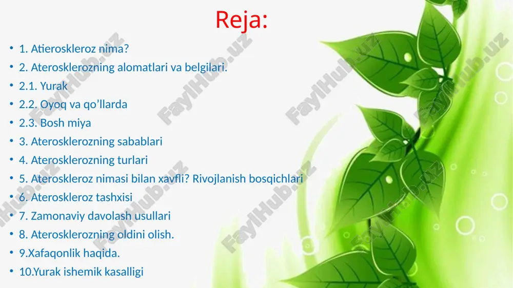 qin qilish muhimdir. 2.2. oyoq va qo’llarda qo’lda yoki oyoqlarda sovuqlik his qilish; qo’llar yoki oyoqlar uzoq vaqt davomida bir xil noqulay vaziyatda bosilib qolgani kabi, ya’ni oyoq-qo’llarning uyushib qolishi; terining oqimtirligi: teri oqimtir tusda bo’ladi va tomir naqshlari aniq ko’rinadi (terining marmar rangi). 2.3. bosh miyada bu a’zo oziqlanish kasalliklariga eng sezgirdir, ammo asosiy alomatlar nafaqat aterosklerozga xos bo’lishi mumkin. masalan miyaning qon aylanishi bilan bog’liq muammolar osteoxondroz, vertebrobazilyar yetishmovchilik va boshqa kasalliklarda kuzatiladi. 3. aterosklerozning sabablari jins. erkaklar ateroskleroz rivojlanishiga ayollarga nisbatan ko’proq moyil bo’lishadi. yosh. bu tabiiy xavf omilidir. yosh o’tishi bilan aterosklerotik jarayonlar kuchayadi. irsiyat. albatta, bu ham ateroskleroz paydo bo’lishining sabablaridan biridir. zararli odatlar. chekish — tana uchun zaharidir. bu odat ateroskleroz rivojlanishining yana bir sababchisi. ortiqcha vazn. bu omil ateroskleroz yuzaga kelishi ehtimolligini oshiradi. noto’g’ri ovqatlanish. yog’li, zararli taomlar asosiy xavf omilidir. 4. aterosklerozning turlari yurak tomirlari (koronar arteriyalar) aterosklerozi. aortal shakli. buyrak tomirlarining …