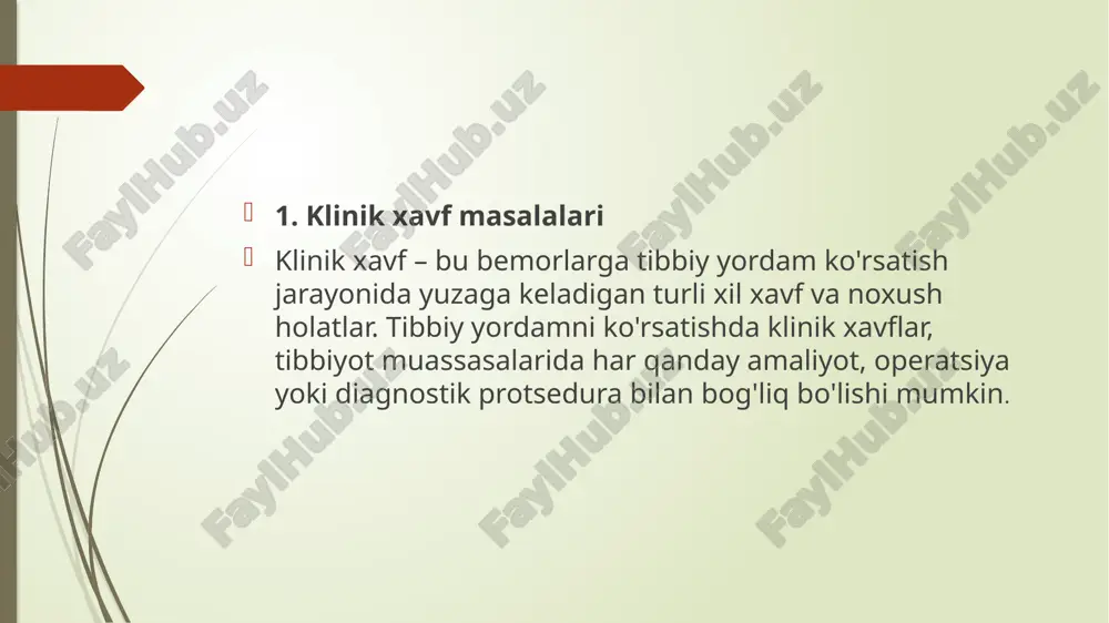 asosida xavf bilan bog'liq qarorlar qabul qilinishi kerak. klinik xavflar tibbiyotda muntazam ravishda yuzaga keladi, va ularni minimallashtirish uchun doimiy ravishda jarayonlarni takomillashtirish, xavfsizlik protokollarini ishlab chiqish va malakali kadrlar tayyorlash talab qilinadi. huquqiy jihatlar: bemorning roziligi (informed consent): tibbiy protseduralar, davolanish usullari va potentsial xavflar haqida bemorning to'liq xabardor bo'lishi va rozilik berishi huquqiy majburiyatdir. bu jarayon bemorga zarar yetkazilishining oldini olishga yordam beradi. tibbiy xatoliklar va javobgarlik: agar tibbiy xatolik bemorga zarar etkazsa, muassasa yoki shifokor huquqiy javobgarlikka tortilishi mumkin. bunda, shifokor yoki tibbiy muassasa malakasiz yoki beparvolik sababli xatolikni amalga oshirsa, ularning huquqiy javobgarligi mavjud. kasalliklarning noto'g'ri tashxisi va shikoyatlar: tibbiy xatoliklar va noto'g'ri tashxislar natijasida bemorlarning zarar ko'rishi, huquqiy masalalarni keltirib chiqarishi mumkin. bunday holatlarda shifokorlar yoki tibbiyot muassasalari zarar uchun javobgar bo'lishi mumkin. 3. tibbiyot muassasalarida tibbiy yordam ko'rsatish xavfsizligini ta'minlash muammosi va uning ahamiyati tibbiy yordam ko'rsatish xavfsizligini ta'minlashning asosiy muammolari quyidagilar: tibbiy xatoliklar …