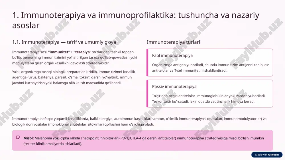 ikni oldini olish davolash maqsadi aktiv profilaktika antigen yuborilishi orqali organizmda mustahkam, uzoq muddatli immun javob hosil qilish. (vaksinatsiya bu yo‘lga kiradi.) passiv profilaktika (seroprofilaktika) tayyor immun fermentlar (immunoglobulinlar, zardob) yuborish orqali tezkor himoya ta’minlash, lekin vaqtincha. muvofiq munosabat: immunoterapiya — kasalligini davolashga yo‘naltirilgan; immunoprofilaktika — kasallik paydo bo‘lishidan avval uni oldini olishga yo‘naltirilgan. 3 2. vaksina va uning turlari 2.1. vaksina: ta’rif, vazifasi va umumiy printsip vaksina — mikroorganizmlar (bakteriyalar, viruslar) yoki ularning komponentlari, toksinlari, attenuated shakllari yoki rekombinant antigenlari bo‘lib, immun tizimni bo‘sh joyida tayyorlab, bemorni kasallik bilan yuzma-yuz kelganda himoya qila oladigan holatda qilishga mo‘ljallangan biologik preparatdir. 1 immunologik xotira yaratish t- va b-hujayralarni “eslash” imkonini berish. 2 effektor javobni tayyorlash kasallik agenti kirganda organizm tezkor javob bera oladi. 3 taroq ta’sirini susaytirish virus yoki bakteriyani tarqalish darajasini pastlatish. 4 jamoaviy immunitetni yaratish vaksinalangan aholining ulushi normal holda kasallik tarqalishini cheklaydigan barriere bo‘lishi. 4 2.2. vaksinalarning turlari …
