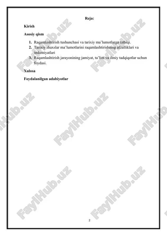 iy va ijtimoiy sohalarda keng qo‘llanilmoqda. raqamlashtirish – bu ma’lumotni, hujjatlarni, arxiv materiallarini yoki boshqa turdagi resurslarni elektron shaklga o‘tkazish jarayoni bo‘lib, ularni kompyuter tizimida saqlash, qayta ishlash va tezkor foydalanishni ta’minlash imkonini beradi. raqamlashtirishning asosiy maqsadi – an’anaviy, qog‘oz yoki boshqa fizik formatdagi ma’lumotlarni raqamli shaklga aylantirish orqali ularni xavfsiz saqlash, tizimlashtirish va ularga global miqyosda kirishni osonlashtirishdir. tarixiy ma’lumotlar esa turli shakllarda mavjud bo‘lib, ular orasida qo‘lyozmalar, kitoblar, fotosuratlar, audio va video yozuvlar, shaxsiy va rasmiy arxiv hujjatlari mavjud. ushbu ma’lumotlarni raqamlashtirish nafaqat ularni ommaviy foydalanuvchilarga ochish imkonini beradi, balki tarixiy tadqiqotlar sifatini oshirish, ma’lumotlar xavfsizligini ta’minlash va ularni uzoq muddat saqlashni ham kafolatlaydi. 1.1-rasm raqamlashtirish jarayoni bir necha bosqichdan iborat. birinchi bosqich – ma’lumotni yig‘ish va tanlashdir. bu bosqichda tarixiy shaxslar haqidagi hujjatlar, fotosuratlar, intervyular va boshqa manbalar aniqlanadi, ularning ahamiyati va ishonchliligi baholanadi. ikkinchi bosqich – ma’lumotlarni raqamli formatga o'tkazish. masalan, matnli hujjatlar skanerlash va ocr …