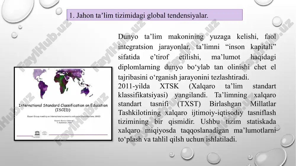 mumkin: birinchi turga integrasion jarayon generatorlari hisoblangan regionlar kiradi. bunday regionga eng yorqin misol sifatida g‘arbiy yevropani keltirish mumkin. birinchi turga mansub regionlarga shuningdek, aqsh va kanada kabilarni ham kiritish mumkin. jahonda integratsion jarayonlarning generatori sifatida yangi osiyo-tinch okeani regioni ham shakllanmoqda. unga koreya, tayvan, singapur va gonkong, shuningdek, malayziya, tayland, filippin va indoneziya kabi davlatlarni kiritish mumkin. ikkinchi turga integratsion jarayonlarga muvaffaqiyatli javob qaytarayotgan hududlar tegishli. birinchi navbatda bu lotin amerikasi davlatlaridir. uchinchi turga ta’lim jarayoni integratsiyasiga kam e’tibor qaratayotgan regionlar kiradi. mazkur guruhga afrika davlatlarining katta qismi, janubiy va janubiy-sharqiy osiyoning qator davlatlari, tinch va atlantika okeani havzasidagi uncha katta bo‘lmagan orol davlatlarini kiritish mumkin. xx asr oxirida jahon ta’lim tizimida quyidagi global tendentsiyalar ajratib ko‘rsatildi: ta’lim tizimini demokratlashtirishga intilish, ya’ni ta’limning hamma uchun ochiqligi, ta’lim tizimining uzluksizligi, ta’lim muassasalariga mustaqillikning taqdim etilishi; shaxsga ta’lim olish huquqining to‘liq ta’minlanishi (har bir insonga millati, irqi, kelib chiqishidan qat’iy nazar …