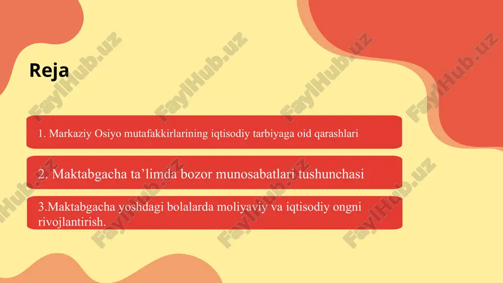 a mustaqil qaror qabul qilish qobiliyati rivojlanadi. maktabgacha yoshdagi bolalarda iqtisodiy tarbiya berishning samarali usullari sifatida o‘yin, masalan, “do‘kon” o‘yini, mahsulotlar almashinuvi va oddiy pul operatsiyalari bo‘yicha amaliy mashg‘ulotlar qo‘llaniladi. bu metodlar bolalarda moliyaviy tushunchalarni nafaqat nazariy, balki amaliy jihatdan o‘zlashtirish imkonini beradi. markaziy osiyo mutafakkirlarining iqtisodiy tarbiyaga oid qarashlari zamonaviy pedagogik amaliyotda ham o‘z ahamiyatini yo‘qotmagan. ularning mehnat, tejash va iqtisodiy ongni rivojlantirishga doir tavsiyalari maktabgacha ta’limda integratsiyalashgan holda qo‘llanilishi mumkin. masalan, bolalarni oddiy ishlarni bajarishga, narsalarni tartib bilan ishlatishga o‘rgatish, mehnatga qadriyat va hurmat ruhini singdirish orqali ularning iqtisodiy fikrlash qobiliyati rivojlantiriladi. designed by slidescarnival markaziy osiyo mutafakkirlarining iqtisodiy tarbiyaga oid qarashlari nafaqat maktabgacha yoshdagi bolalar tarbiyasida, balki ularning kelajakdagi ijtimoiy va iqtisodiy faoliyatiga ham tayanch bo‘ladi. tarixiy manbalar shuni ko‘rsatadiki, mutafakkirlar bolalarda mehnatga hurmat, tejash va moliyaviy ongni shakllantirishni nafaqat nazariy jihatdan, balki amaliy ishlar orqali ham amalga oshirishga e’tibor berganlar. masalan, alisher navoiy o‘z asarlarida bolalarga …