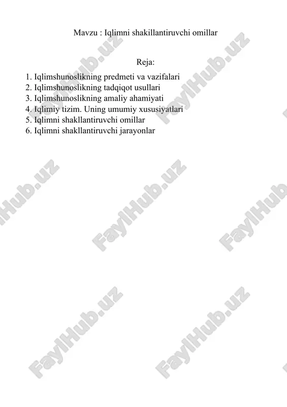 g‘1iq atmosfera va okeanlar sirkulyasiyasi bilan belgilanuvchi muayyan joyga xar- akterli bo‘lgan ob-havoning ko‘p yillik rejimidir. bunday tushunishda iqlim joyning fizikaviy-geografik xususiyatlaridan biri hisoblanadi. quyosh energiyasining asosiy o‘zgarishlari to‘shalgan sirt yaqinida sodir bo‘ladi. bu sirtning optik, mexanik va issiqlik xossalari bo‘yicha bir jinsli emasligi uning o‘zaro yonma-yon uchastkalarida meteorologik rejimlar o‘rtasidagi farqlarga olib keladi. biroq, bu farqlar katta balandliklarga tarqalmaydi. shu sababli yer sirtining o‘lchamlari odatda yuzlab kilometrlardan katta bo‘lmagan har xil turdagi hududlari ustida katta masshtabli jarayonlar (siklon, antisiklon, atmosfera frontlari va boshq.)ga bog‘liq bo‘1gan ob-havo bir xil xarakterga ega bo‘ladi. birjinsli bo‘1magan to‘sha1gan sirtning gorizontal o‘lchamlariga bog‘liq ravishda katta bo‘lmagan alolıida geografik tuzilmalarning mezoiqlim va mikroiqlim deb ataluvchi iqlimlari ajratiladi. mezoiqlim — bu o‘l chami yuz kilometrdan katta bo‘lmagan (o‘rmon, vodiy, shahar va boshq.) alohida geografik landshaft tarkibiy qismining iqlimidir. mikroiqlim — bu o‘lchami bir necha yuz metrlardan katta bo‘lmagan (o‘rmon chekkasi, bog‘, ko‘l qirg‘og‘i, o‘rmon yalangligi va …