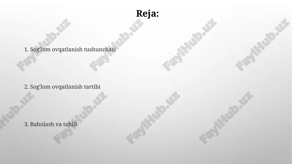 on tanachalari hosil boʻlishida va kislorod tashishda muhim rol oʻynaydi, kamqonlikning oldini oladi. ovqatlanish piramidasi va uning amaliy ahamiyati ovqatlanish piramidasi asosida kunlik ratsionning 40-50% uglevodlardan, 20-30% yog'lardan va 10-30% oqsillardan iborat bo'lishi kerak, bu muvozanatni ta'minlaydi. piramidaning quyi qismida joylashgan don mahsulotlari, kuniga 6-11 porsiya iste'mol qilinishi kerak, ular energiya manbai bo'lib, 2000 kkal talabni qondiradi. sog'lom ovqatlanish tartibi: kunlik reja kunlik rejangizga 3 asosiy oziq moddalar guruhini (oqsil, uglevod, yog') kiritish, har birida optimal miqdorda 20-35% kaloriyani ta'minlash muhim. nonushta uchun murakkab uglevodlar (25-30%), tushlikda oqsil va sabzavot (30-40%), kechki ovqatda esa yengil oqsil (15-20%) iste'mol qilish tavsiya etiladi. turli xil ovqatlanish usullari va dietalar paleo dietasi 10 ming yil oldingi paleolit davridagi ovqatlanishga asoslangan bo'lib, qayta ishlangan mahsulotlar, donlar va dukkaklilardan voz kechishni nazarda tutadi. o'rta yer dengizi dietasi meva, sabzavot, baliq va zaytun yog'iga boy bo'lib, yurak-qon tomir kasalliklari xavfini kamaytirishga yordam beradi. sog'lom ovqatlanishning afzalliklari …