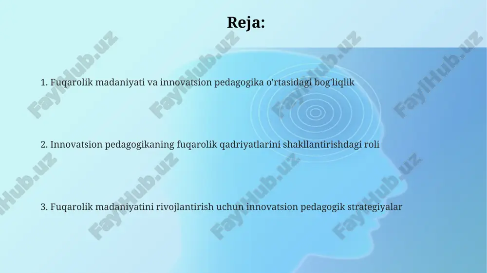 arni modellashtirish orqali amaliy tajriba orttiradi. innovatsion pedagogika fuqarolik madaniyatini shakllantirishda 21-asr ko'nikmalarini, masalan, tanqidiy fikrlash va muammolarni hal qilish qobiliyatini rivojlantirishga qaratilgan. amaliy qo'llash, shuningdek, interfaol o'qitish usullarini o'z ichiga oladi, bu esa talabalarga 10dan ortiq fuqarolik loyihalarida ishtirok etish imkoniyatini beradi. e'tiboringiz uchun rahmat @taqdimot_robot image2.png image1.png
