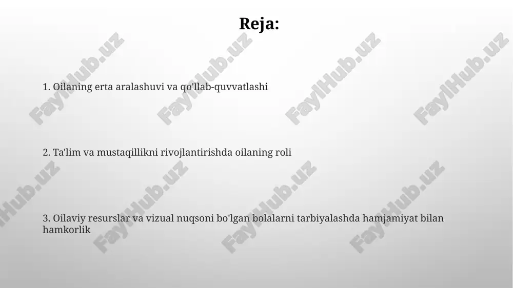gatishni o'z ichiga oladi va bu 10-12 yoshda muhim ahamiyatga ega. atrof-muhitni o'rganish va mo'ljal olish qobiliyatlarini (orientatsiya va mobillik) rivojlantirish, xususan, tayanch tayoqdan foydalanishni o'rgatish 5 yoshdan boshlab boshlanishi mumkin. ta'limda oilaning roli oila, ko‘zi ojiz bolaning ta’limida erta aralashuv va reabilitatsiya xizmatlarini muvofiqlashtirishda 1-darajali ahamiyatga ega, bu bolaning rivojlanishiga 0 dan 3 yoshgacha yordam beradi. ota-onalar ko'zi ojiz bolani o'qitishda muhim rol o'ynaydi, maktab dasturini 80% gacha qo'llab-quvvatlaydi, kundalik ko'nikmalarni o'rgatadi va mustaqillikka intilishni rag'batlantiradi. ijtimoiy va hissiy rivojlanishni qo'llab-quvvatlash ota-onalar bolaning ijtimoiy rivojlanishiga erta yoshdan, masalan, 6 oylikdan boshlab, tengdoshlari bilan o'yinlar tashkil qilish orqali yordam berishlari mumkin. ko'rish qobiliyati cheklangan bolalarga empatiya o'rgatish, 3-5 yoshdan boshlab, his-tuyg'ularni tushunishga yordam beradi, bu esa ijtimoiy munosabatlarni mustahkamlaydi. oilaviy resurslar va yordam tizimlari oilaviy resurslar orasida erta aralashuv dasturlari bolalarga 0 yoshdan 3 yoshgacha bo'lgan davrda ko'maklashadi, sensorli rivojlanish va motor ko'nikmalarini oshiradi. ota-onalar uchun qo'llab-quvvatlash guruhlari va seminarlar, …